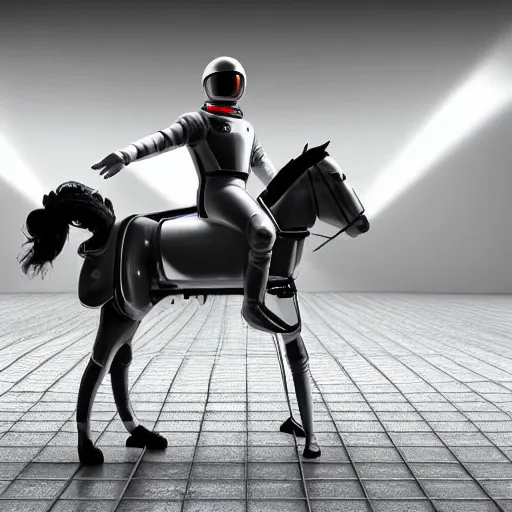 Image similar to hyperrealism aesthetic photography computer simulation visualisation in araki nobuyoshi style of parallel universe movie scene with detailed stylish neofuturistic horse riding on a astronaut and wearing neorofuturistic sci - fi laboratory uniform designed by josan gonzalez. hyperrealism photo on pentax 6 7, by giorgio de chirico volumetric natural light rendered in blender