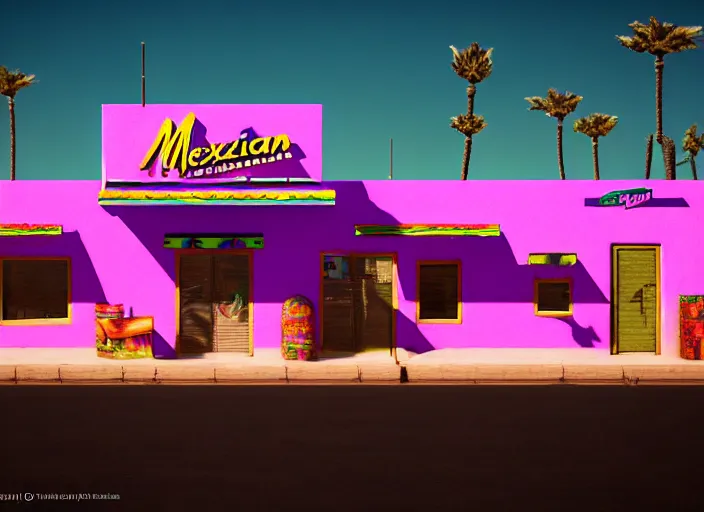 Image similar to realistic exterior photo of a mexican restaurant, vaporwave, in a flat barren desert. 15mm. Very detailed 8k. Sharp. Cinematic post-processing. Unreal engine. Nanite. Ray tracing. Parallax. Tessellation