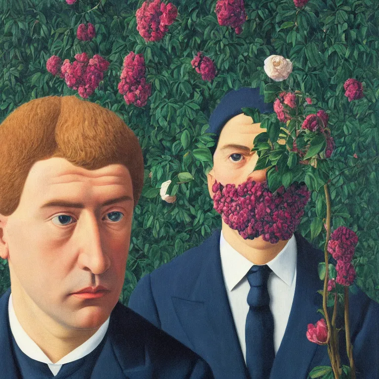 Image similar to portrait of a man, beautiful flowers replaced his head, by rene magritte, detailed painting, hd, hq, high resolution, high detail, 4 k, 8 k