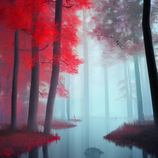 Image similar to mystic red forest, unreal engine, digital, artstation, detailed intricate illustration, heavenly atmosphere, digital art, overdetailed art, concept art, complementing colors, trending on artstation, cgstudio, the most beautiful image ever created, dramatic, subtle, details, award winning artwork, beautiful scenery