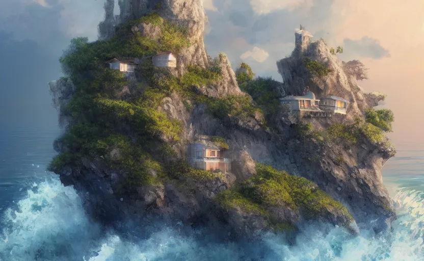 Image similar to one house on a cliff over an ocean, one small boat, dangerous cliffside, trees. matte painting, anime, trending on ArtStation, digital art.