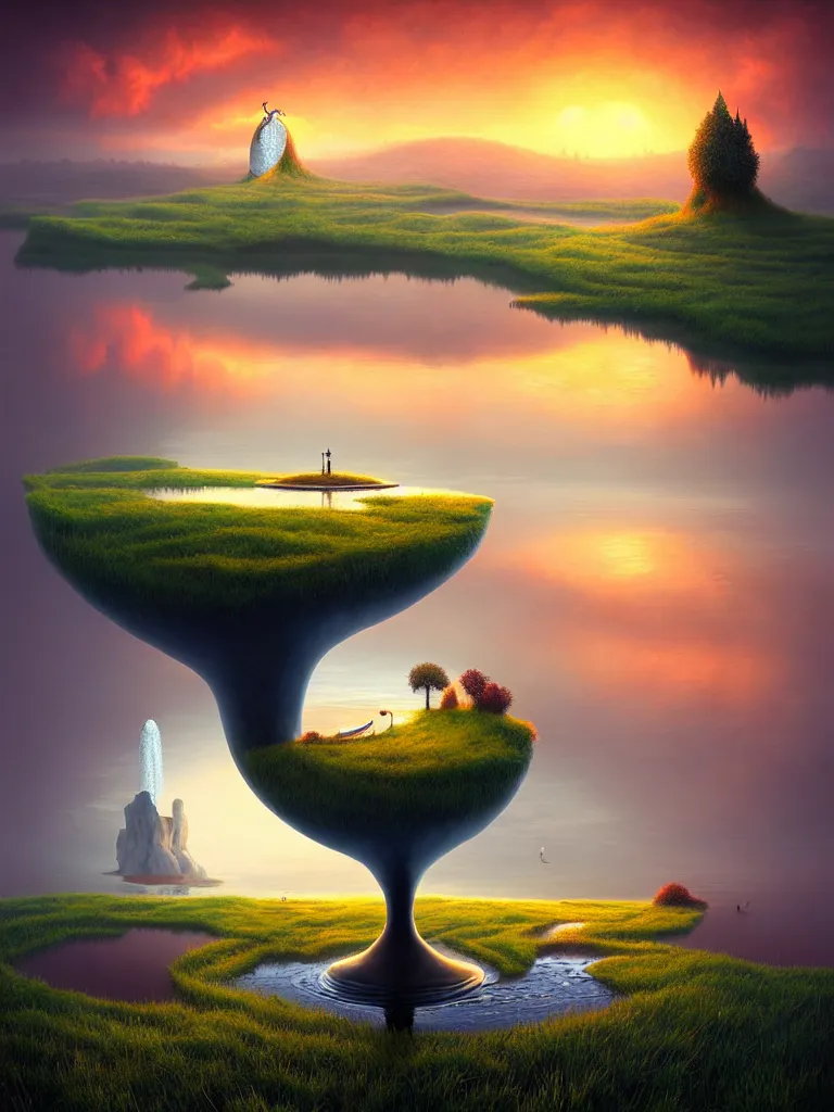 Image similar to a surreal landscape at sunset with a immense gigantic ornated iron chalice cup with a lake inside, water in excess dropping by gediminas pranckevicius