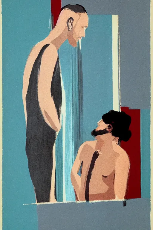 Image similar to man looking at his reflection in the mirror, 1960’s minimalist advertising illustration, painterly, expressive brush strokes