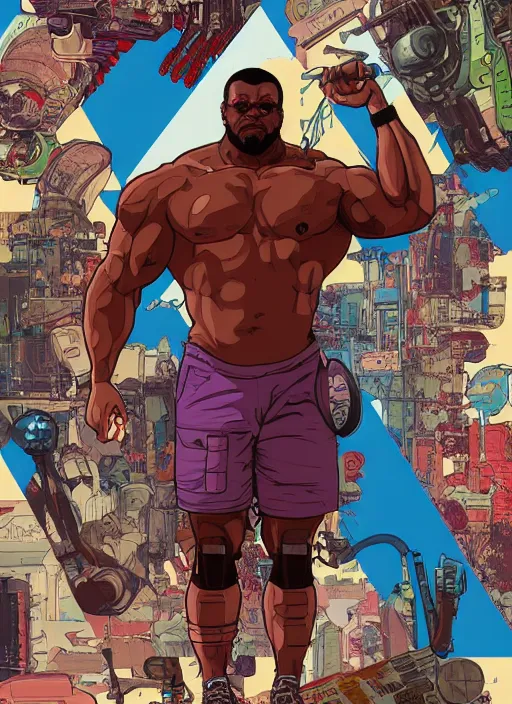 Image similar to chidi igwe. buff cyberpunk weight lifter. robotic arm. portrait illustration, pop art, splash painting, art by geof darrow, ashley wood, alphonse mucha, makoto shinkai, laurie greasley, josan gonzales ( apex legends )