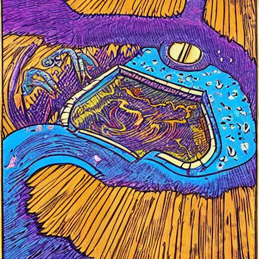 Image similar to by tony diterlizzi expressive, hyperdetailed woodcut. a body art of a swimming pool with a big splash in the center. the colors are very bright & the body art is very eye - catching.