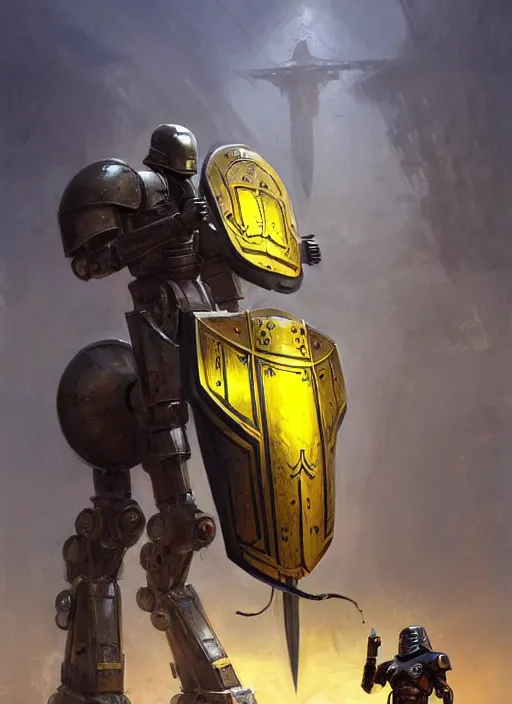 Image similar to tall strong intricate yellow pit droid holding large paladin medieval shield!!! and a long medieval engraved powerful great sword, pancake short large head painterly humanoid mecha, beautiful fantasy background by Greg Rutkowski