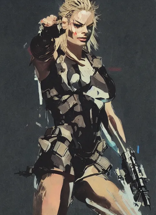 Image similar to Margot Robbie wearing metal gear armor holding gun dramatic lighting art by Richard Schmid by Hokusai by Yoji Shinkawa by greg rutkowski by Sandra Chevrier by Jeremy Lipking cinematic dramatic