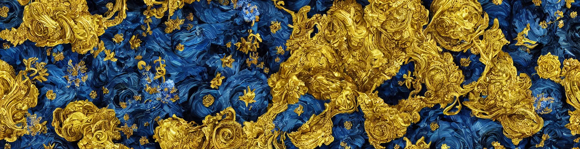 Image similar to black blue yellow beach, complicated gold and blue flowers the baroque style decoration, dark fantasy, intricate, elegant, highly detailed, digital painting, artstation, concept art, matte, 3 d 8 k octane rendered, sharp focus, illustration, octane rendered, art by artgerm