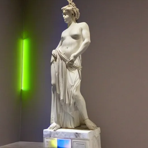 Image similar to Greek marble statue of a beautiful goddess covered in neon paint at a museum.