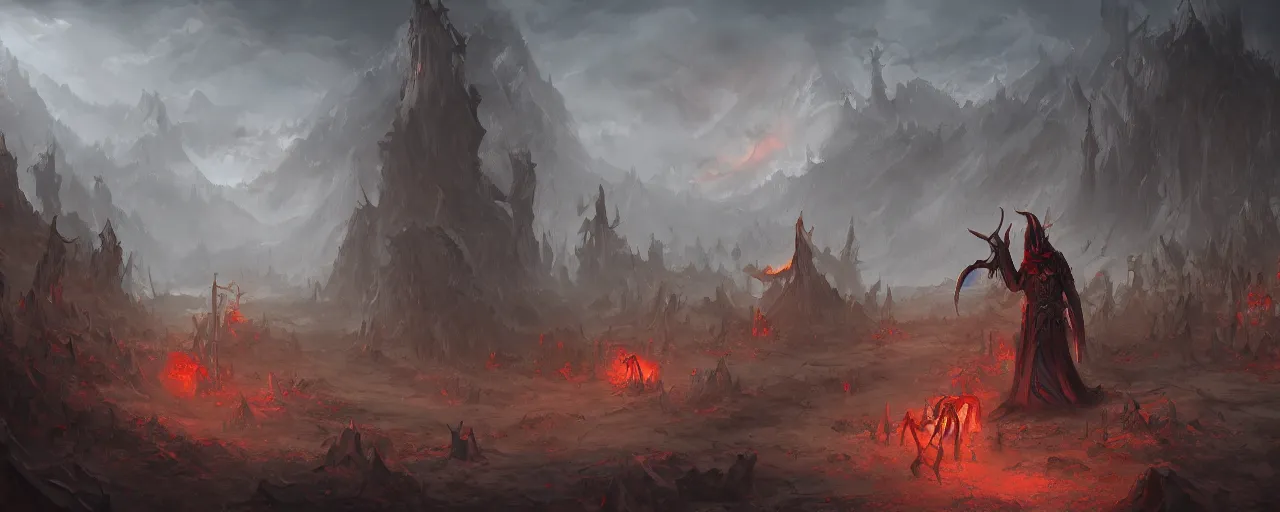 Prompt: necromancer in a hellscape valley, digital art, trending on ArtStation