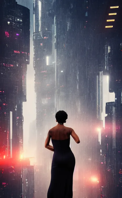 Image similar to an elegant Black woman in dress and heels, her back is to us, looking at a futuristic Blade Runner city, 8K