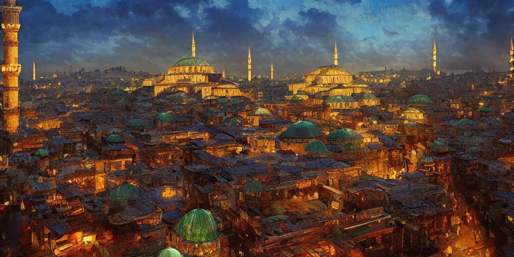 Image similar to Ottoman Istanbul, photorealistic, people, streets, light rays from above, realistic paint, specular light, high contrast, highly detailed, 4k, shallow depth of field, cinematic light, concept art, artstation, art by Enrich Victor, Alphonse Mucha