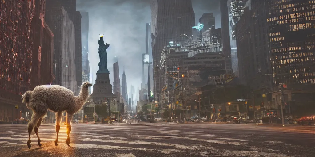 Prompt: a llama walking through a desolate manhattan city street at night, statue of liberty seen in the background, realistic 4 k octane beautifully detailed render, 4 k post - processing, highly detailed, intricate complexity, epic composition, magical atmosphere, cinematic lighting, masterpiece, ultra hd