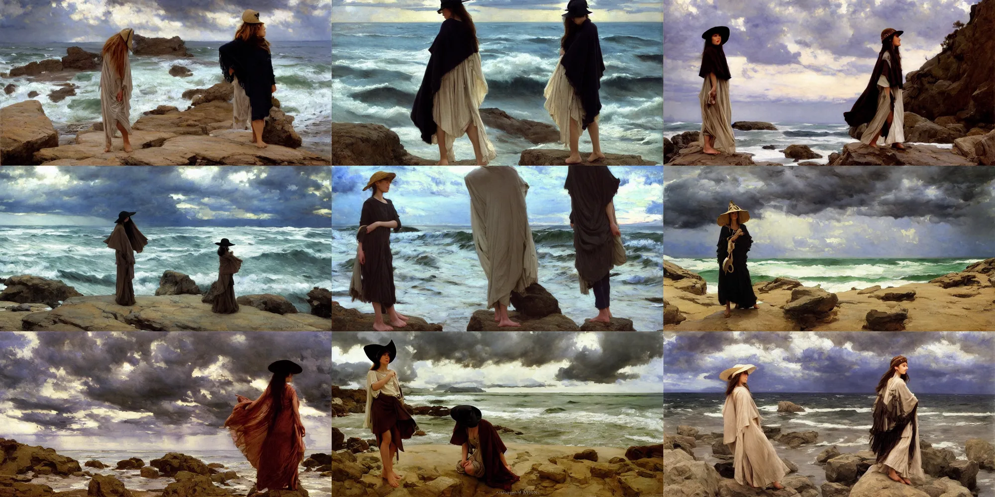 Prompt: dramatic light, thunder clouds in the sky, stormy sea by frederick judd waugh, simple form, brutal shapes, shaman, portrait of single fashionable young woman wearing rich jewerly hat and boho poncho, pixiv, standing pose on stones, 1970s fashion, anime, studio ghiblil, artwork by Joaquin Sorolla and john william waterhouse and Denis Sarazhin and James Jean and klimt and rhads and van gogh and Dean Ellis and Detmold Charles Maurice