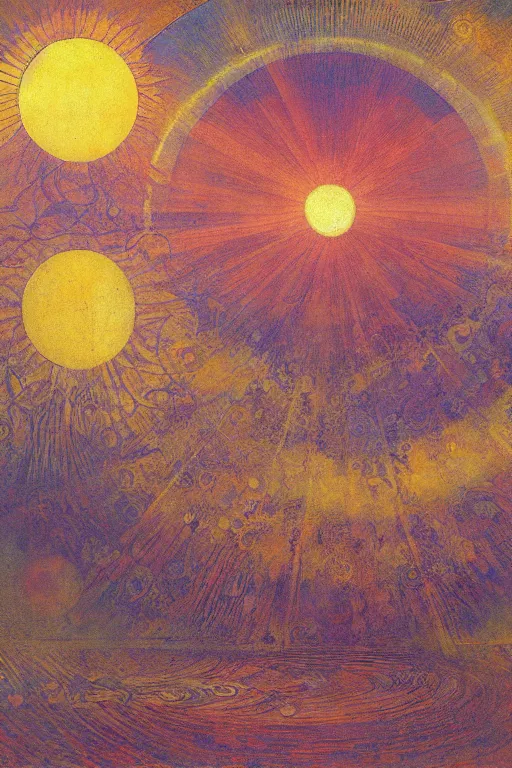 Image similar to radial geometric sun blazing over a surreal geometric landscape, mikalojus konstantinas ciurlioni, mucha