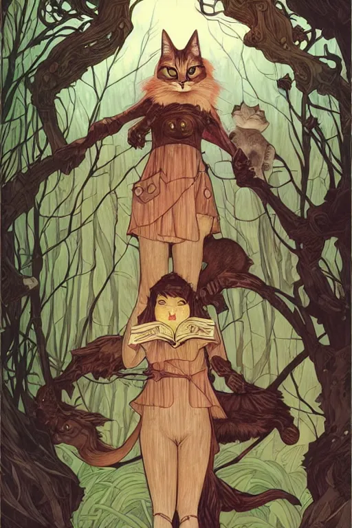 Image similar to concept art design illustration, forest, cat, witch, fantasy book cover illustration!!, 1 6 colors, logo, ink drawing, art by jc leyendecker and sachin teng