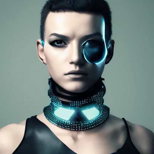 Image similar to a digital artwork of futuristic woman wearing technological large steel spiked collar, steel choker on neck, cyberpunk ,4K, portrait, punk hairstyle,