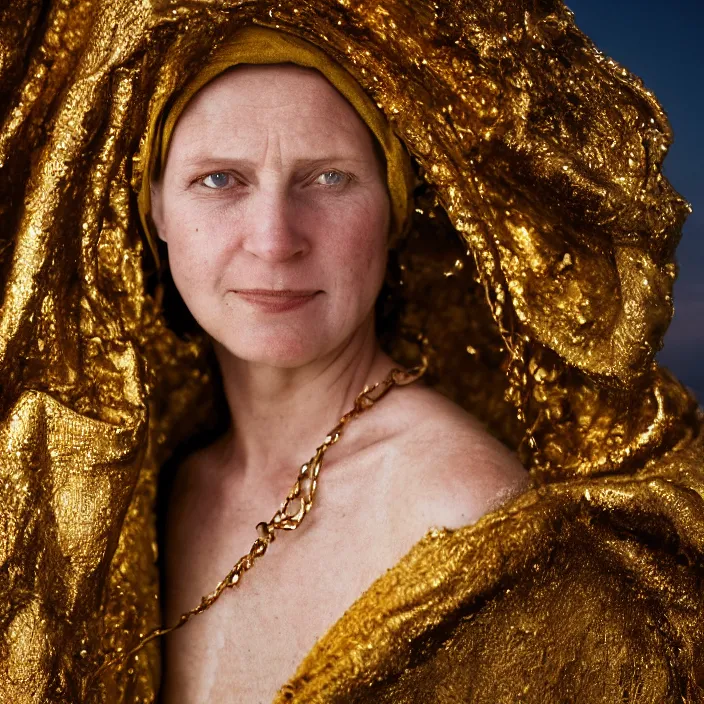 Prompt: closeup portrait of a woman wearing a cloak made of gold, standing in a landfill, by Annie Leibovitz and Steve McCurry, natural light, detailed face, CANON Eos C300, ƒ1.8, 35mm, 8K, medium-format print