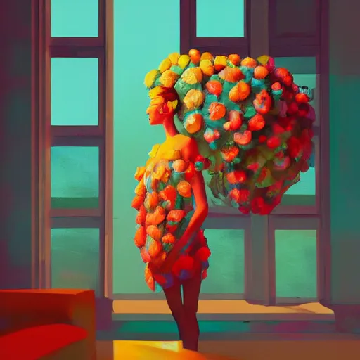 Image similar to closeup, giant flower head, woman next to modern windows, luxury apartment, surreal photography, dramatic light, impressionist painting, digital painting, artstation, james gilleard