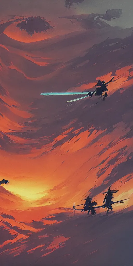 Image similar to duel of two samurai!!! a highly detailed cinematic oil painting by roger dean and alena aenami, dynamic lighting