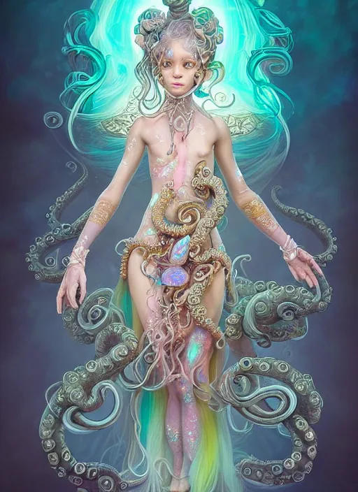 Image similar to A full body shot of a cute young magical girl wearing an ornate dress made of opals and tentacles. Monster GIrl. Subsurface Scattering. Dynamic Pose. Translucent Skin. Rainbow palette. defined facial features, symmetrical facial features. Opalescent surface. Soft Lighting. beautiful lighting. By Giger and Ruan Jia and Artgerm and WLOP and William-Adolphe Bouguereau. Photo real. Hyper-real. Photorealism. Fantasy Illustration. Sailor Moon hair. Masterpiece. trending on artstation, featured on pixiv, award winning, cinematic composition, dramatic pose, sharp, details, Hyper-detailed, HD, HDR, 4K, 8K.