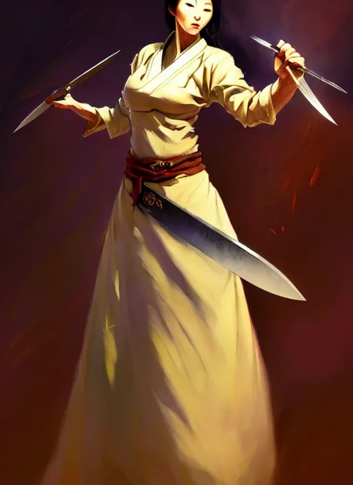 Prompt: magic : the gathering fantasy character concept art by frank frazetta and marco bucci, high resolution. a clear portrait of a stunning female south korean chef, wearing a beautiful hanbok apron, holding a kitchen knife, radiating powerful energy in the background, fantasy coloring, intricate, digital painting, artstation, smooth, sharp focus