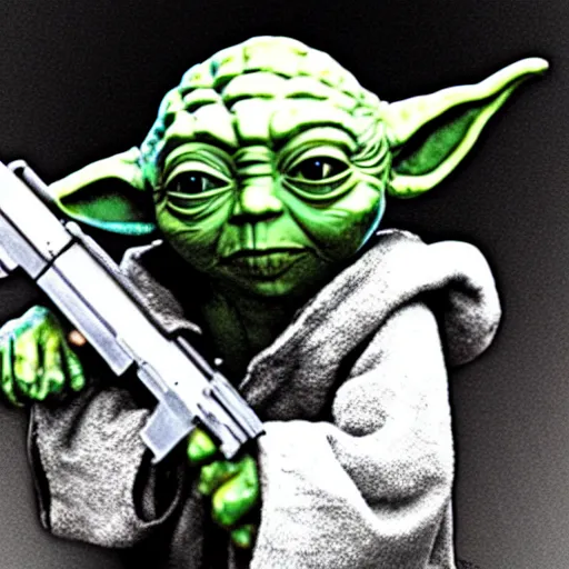 Prompt: yoda holding an AK