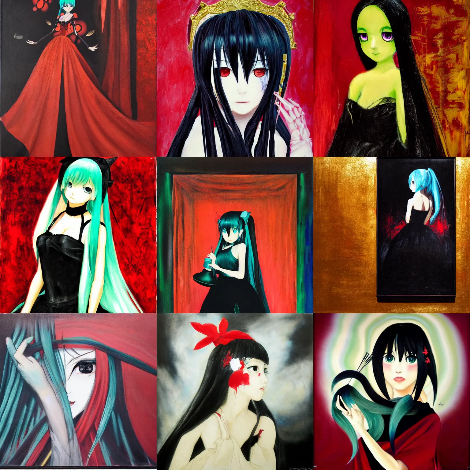 Prompt: A very soft and dark haunting oil painting portait of Hatsune Miku in a black golden wedding dress, scarlet background, by Antonio Saura and Fernando Zóbel, ethereal, evil presence, haunted painting, Tachisme, low lighting