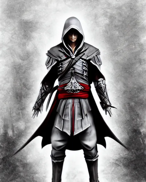 Image similar to Digital state-sponsored anime art of Ezio Auditore by A-1 studios, serious expression, empty warehouse background, highly detailed, spotlight