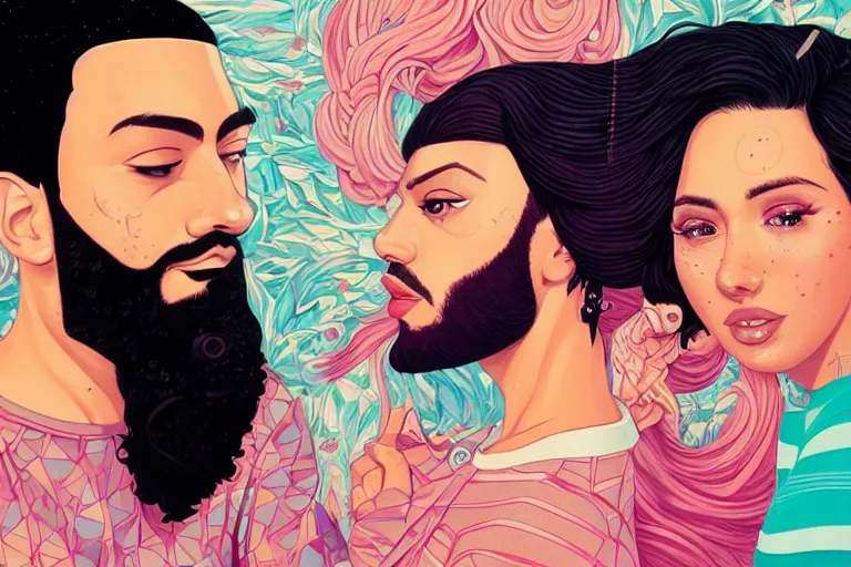 Prompt: a hispanic white girl with medium length kinky hair, and a short - bearded mixed race man with short 4 a hair, in love selfie, tristan eaton, victo ngai, artgerm, rhads, ross draws