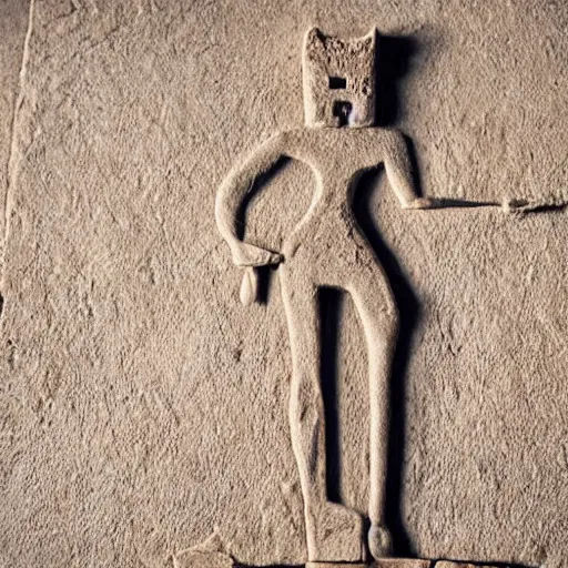 Image similar to close - up museum photo of an ancient limestone statue of a slim walking cat, with letter ה on its head, clay, egypt's, studio lighting, professional, promo,