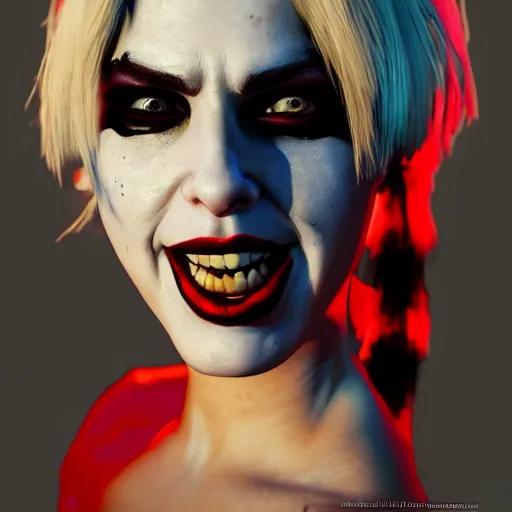 Image similar to hyperrealist portrait of harleyquinn, photo realistic, dynamic lighting, artstation, poster, volumetric lighting, very detailed faces, 4 k, award winning