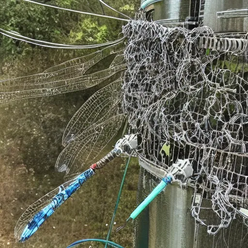 Image similar to a horde of dragonflies using cables to lift a tank