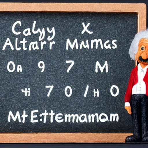 Image similar to claymation miniature scene of albert einstein standing in front of miniature blackboard with lots of mathematical formulas chalked on