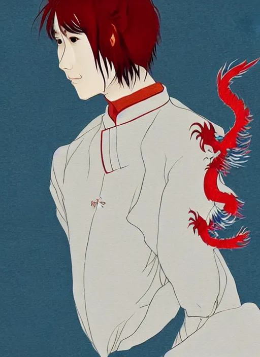 Image similar to concept art, a young chinese man with a pair of phoenix eyes, looks like kimura takuya, fair complexion, straight nose, thin lips, delicate eyebrows, handsome and elegant, wearing a chinese tunic suit with a red chinese dragon embroidered on it, conrad roset, japanese manga style, flume cover art