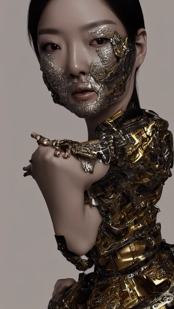 Prompt: korean female model face with silver mechanical exoskeleton body made of carbon fibre, ornate patterns and details, dynamic pose, mechanical part, glowing components, gold trimmings, bust, hyperdetailed, octane render, kpop
