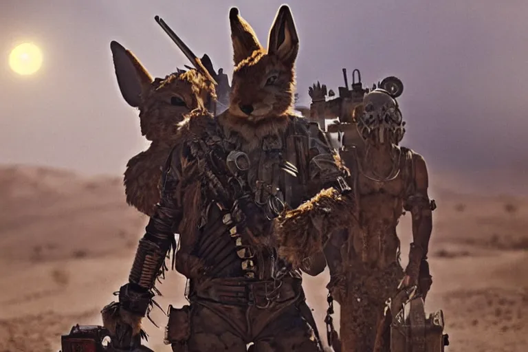 Image similar to a good ol'jackrabbit fursona ( from the furry fandom ), heavily armed and armored facing down armageddon in a dark and gritty version from the makers of mad max : fury road. witness me.