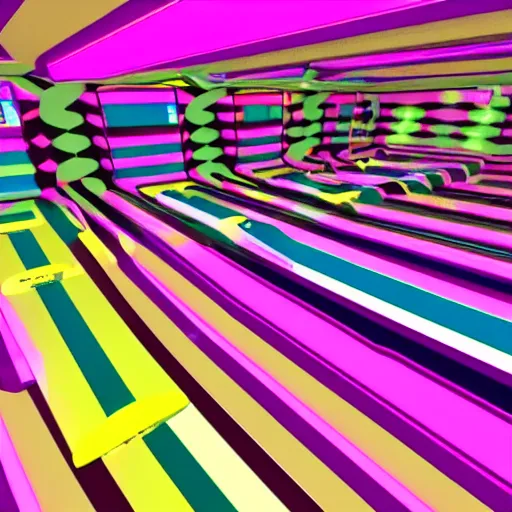 Prompt: empty neverending room pinball aesthetic, neon candy stripe, fluorescent tesselation, pinks and yellows, the walls are gyrating, in the style of mc escher, C 10.0