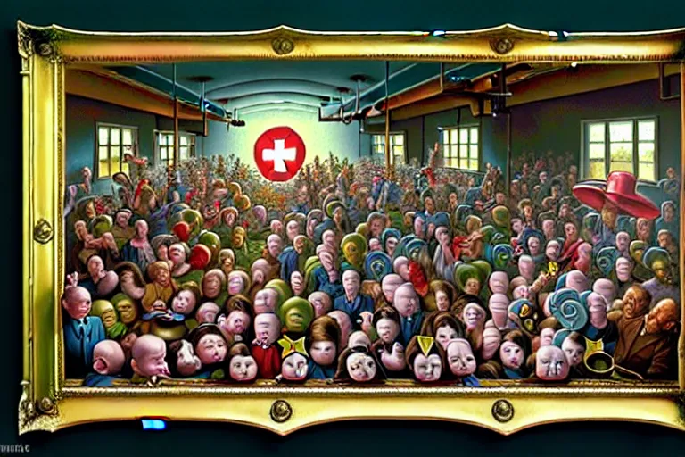 Image similar to a sparsely populated strange battle in an old hospital between old people and babies Robert Williams Mark Ryden and Alex Gross, Todd Schorr highly detailed deep perspective perfect composition