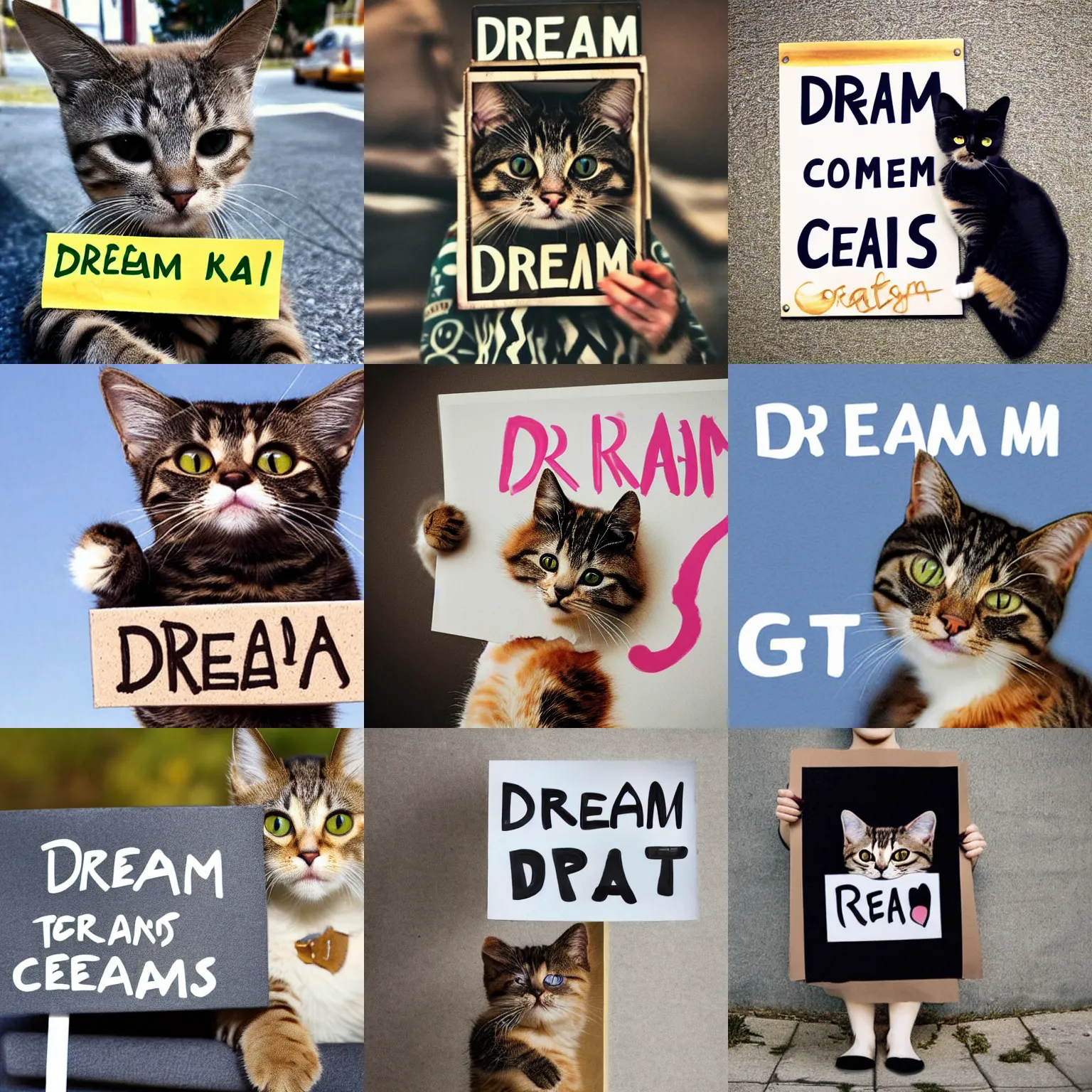 Image similar to realistic high quality photo of a cute cat holding a sign with text that reads : dream cats