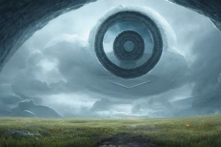 Image similar to a psychedelic realm with rolling plains made out of clouds, and a giant portal covered in runes that leads into the multiverse, in the style of wlop, illustration, epic, fantasy, hyper detailed, smooth, unreal engine, sharp focus, ray tracing