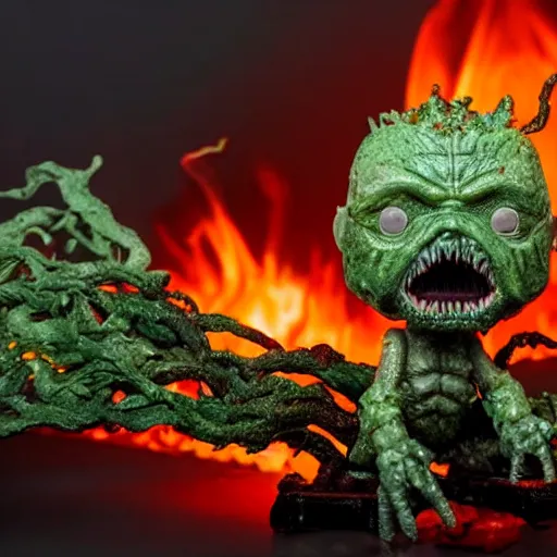 Image similar to funko pop doll of a terrifying lovecraftian giant mechanized melting swamp thing on fire taken in a light box with studio lighting, high detail, some background blur