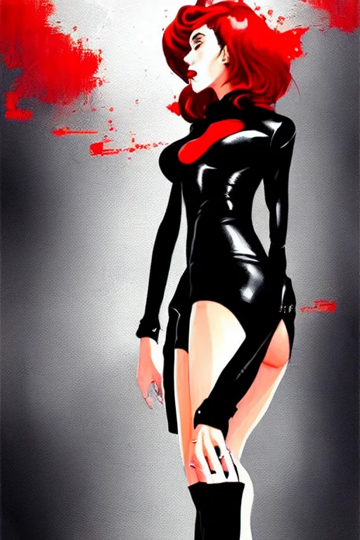 Image similar to dreamy girl character with perfect body in a nice black leather suit and red lips, very artistic pose, background in blurred, perfect lighting. professional design. great composition, illustration, highly detailed, digital painting, concept art, trending on artstation, by katsuya terada