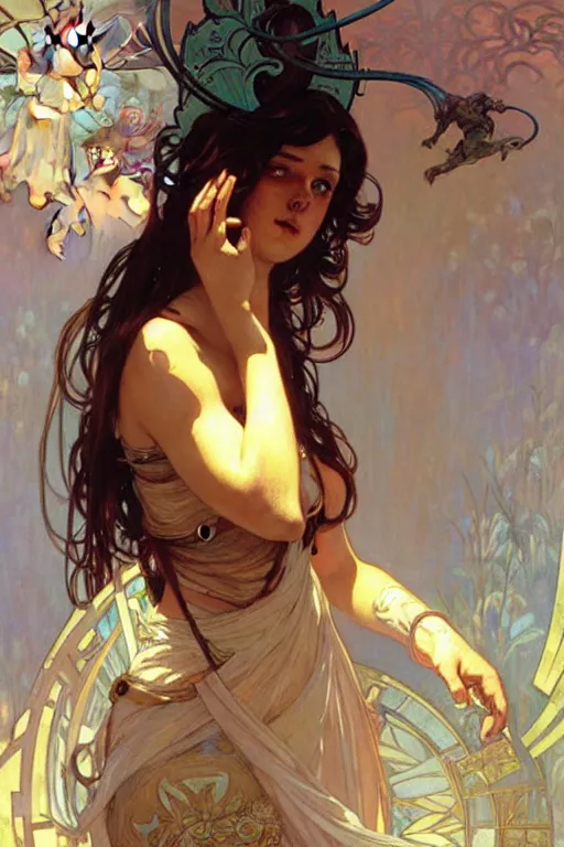 Image similar to A goddess playing video game, fantasy, painting by greg rutkowski and alphonse mucha