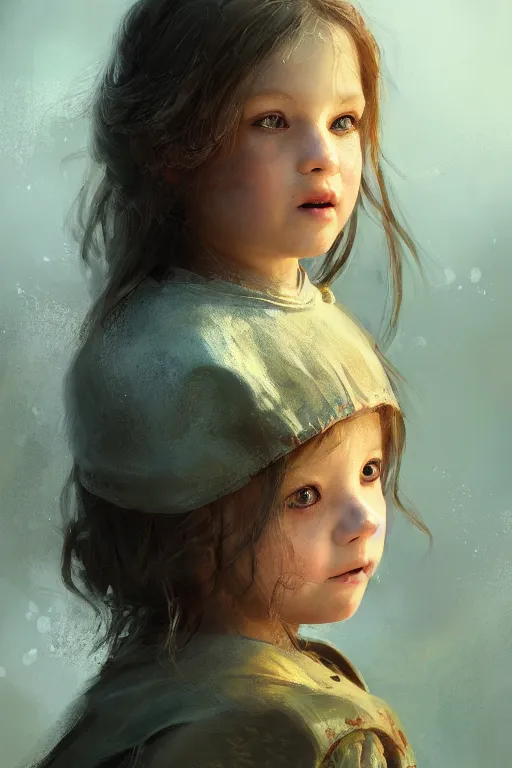 Image similar to medieval little girl, joyful, hope, close - up portrait, intricate, elegant, volumetric lighting, scenery, digital painting, highly detailed, artstation, sharp focus, illustration, concept art, ruan jia, steve mccurry