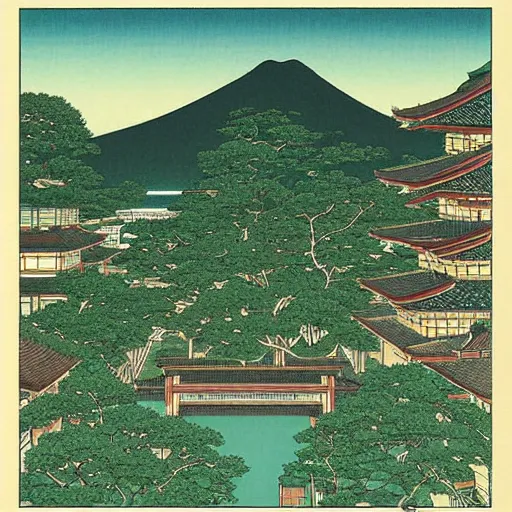 Prompt: a city full of various plants, Kawase Hasui,