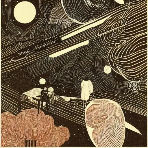 Image similar to “the meaning of life, woodblock, black fine lines on warm brown, by victo ngai, by stanley donwoood”