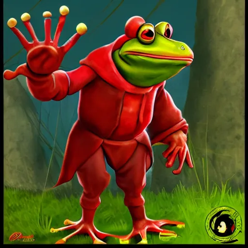 Prompt: character concep art of a humanoid frog butcher with a red coat as an enemy in spyro the dragon video game concept art, playstation 1 era, activision blizzard, 4 k resolution concept art