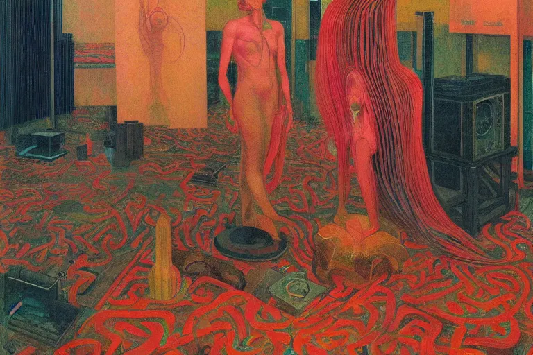 Image similar to realistic portrait of an engineer woman programming the samsara holy cluster, fine portrait, concept art, stunning, visionary, by brecht evens, by jean delville, by francis bacon