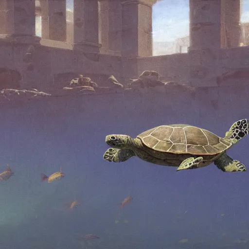 Image similar to turtles underwater in ruined city of Atlantis , by Michael Sowa